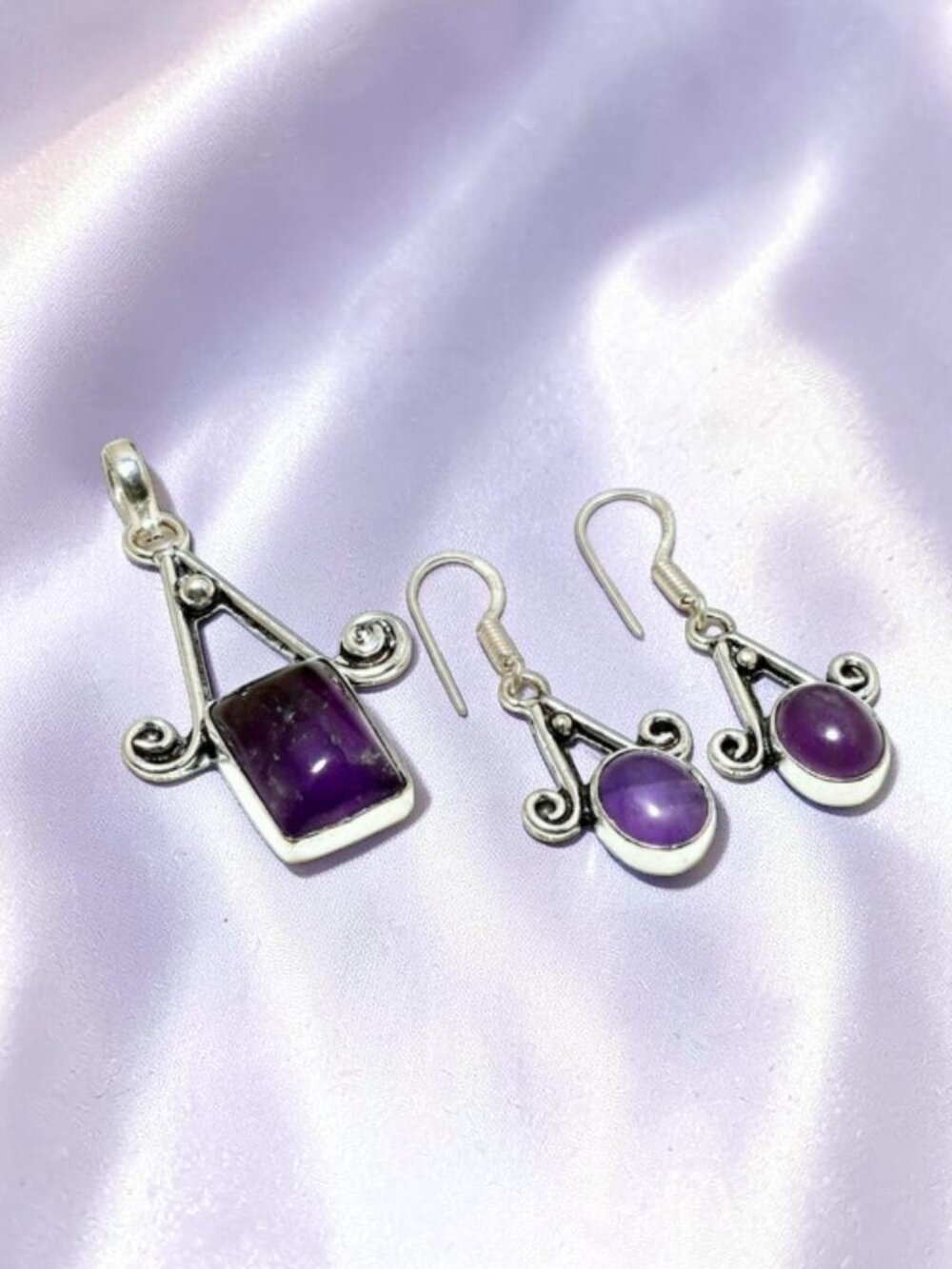 Sage Amethyst Gemstone Handmade Pendant and Earring Set 1.70"-1.51"